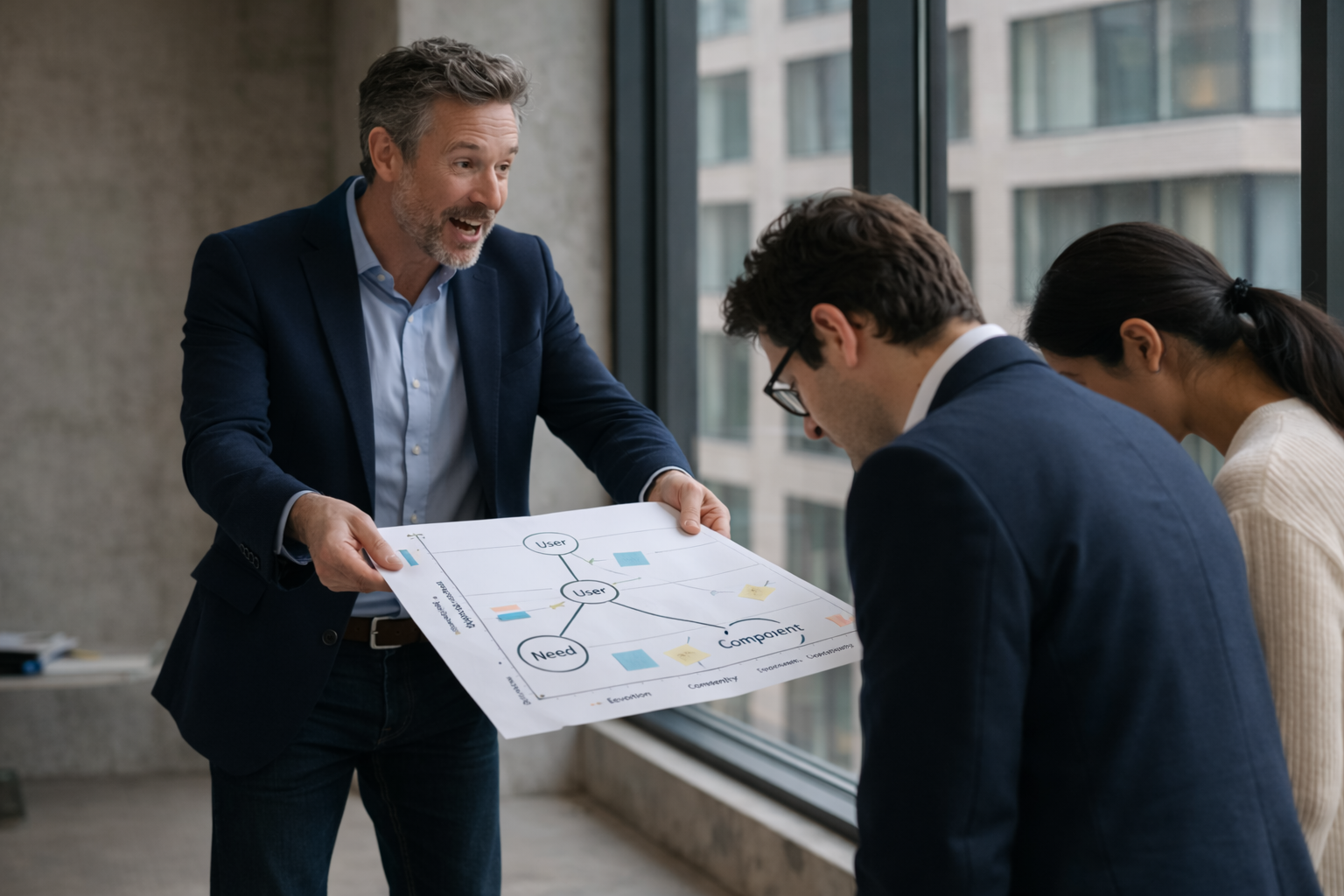 One person presenting a map to passive listeners